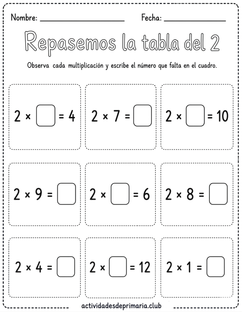 Repasemos la tabla del 2. Blanco y negro para colorear. Hoja de trabajo imprimible para niños de primaria.