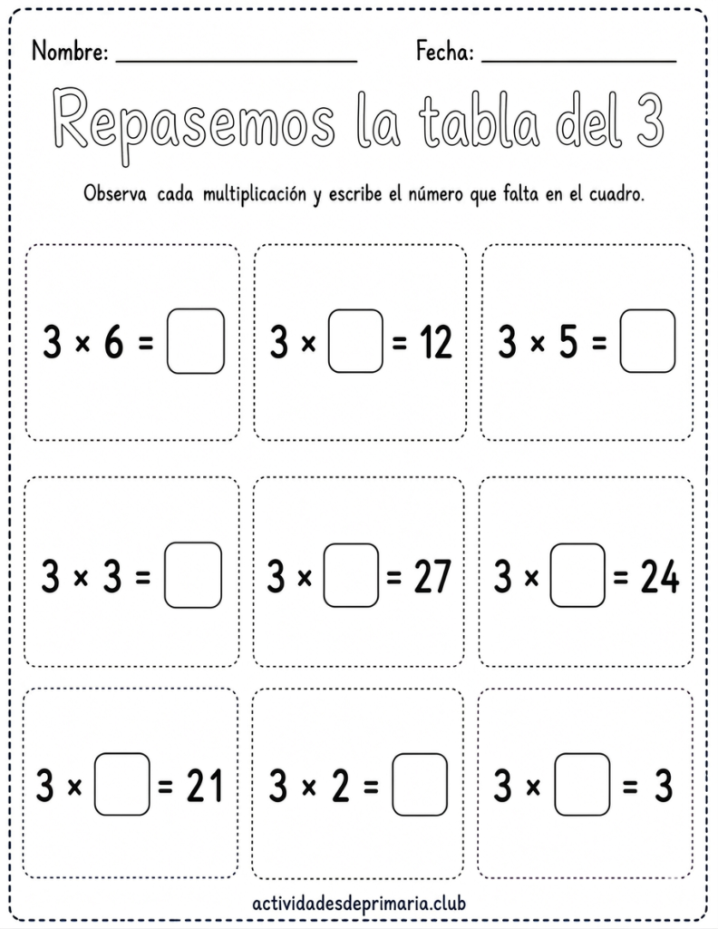 Repasemos la tabla del 3. Blanco y negro para colorear. Hoja de trabajo imprimible para niños de primaria.