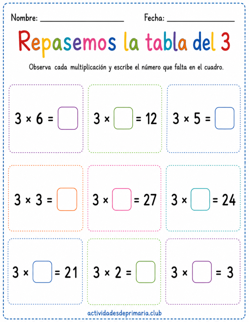 Repasemos la tabla del 3. Hoja de trabajo imprimible para niños de primaria.
