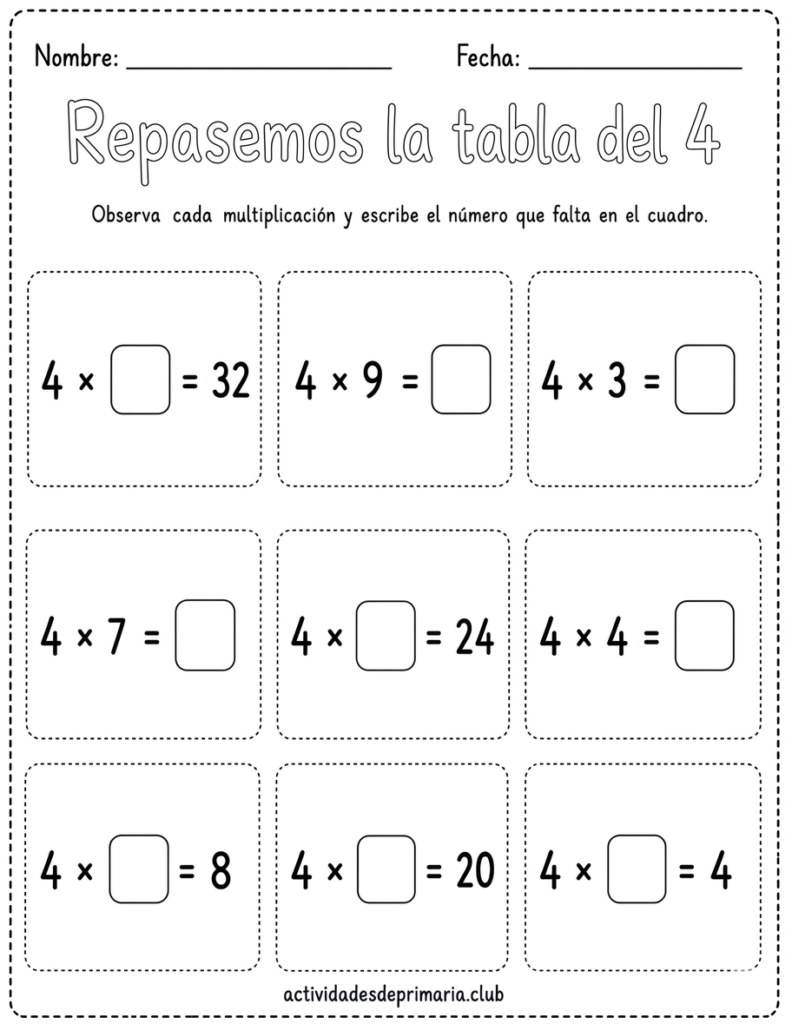 Repasemos la tabla del 4. Blanco y negro para colorear. Hoja de trabajo imprimible para niños de primaria.