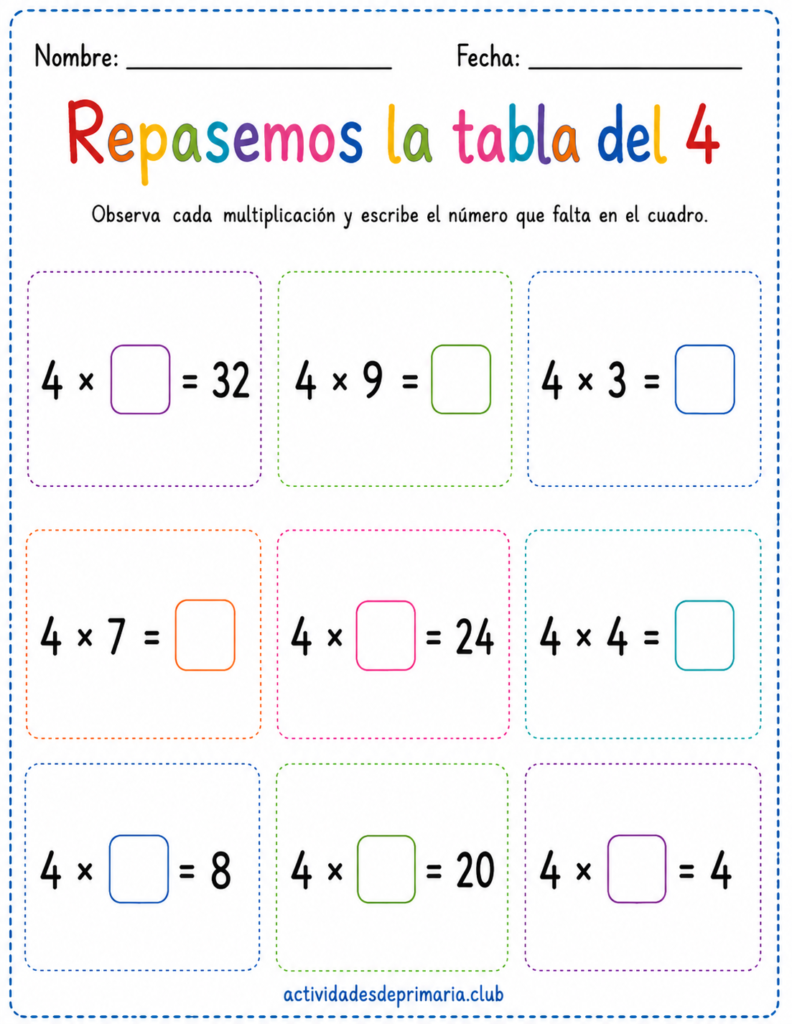 Repasemos la tabla del 4. Hoja de trabajo imprimible para niños de primaria.