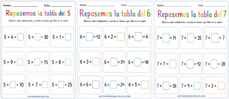 Repasemos las tablas de multiplicar. Tablas del 5-6-7. Hoja de trabajo imprimible para niños de primaria.