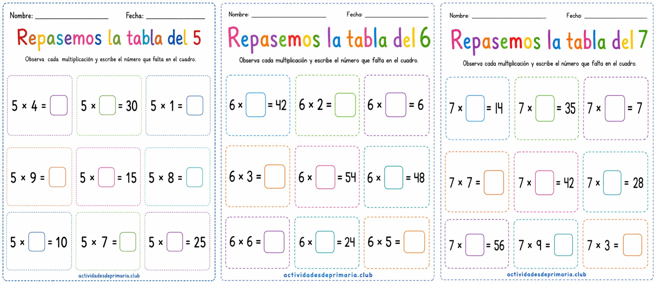 Repasemos las tablas de multiplicar. Tablas del 5-6-7. Hoja de trabajo imprimible para niños de primaria.