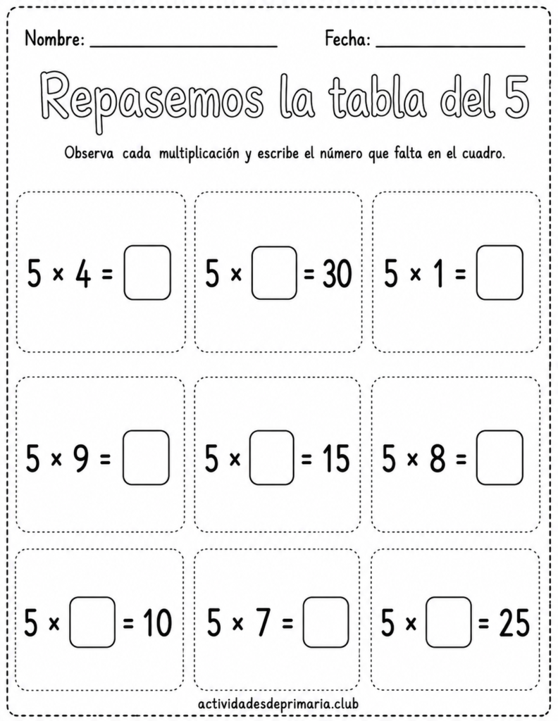 Repasemos la tabla del 5. Blanco y negro para colorear. Hoja de trabajo imprimible para niños de primaria.