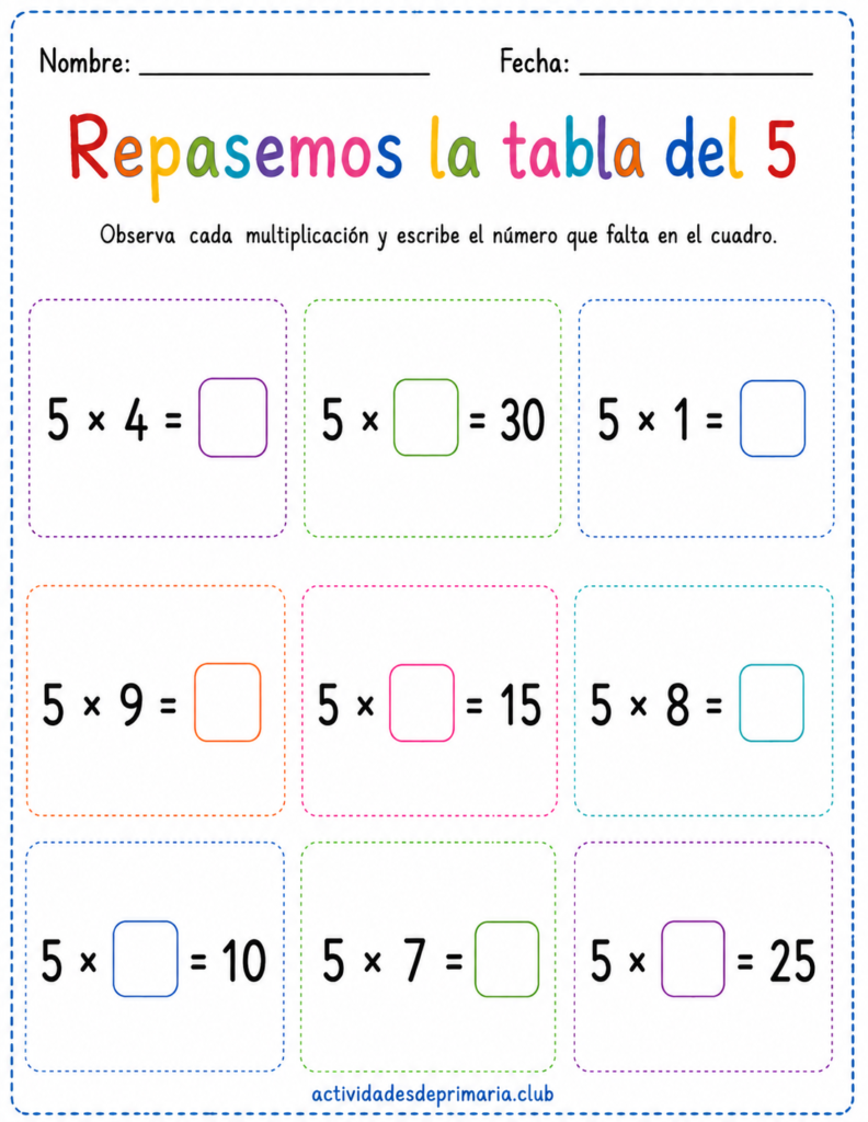 Repasemos la tabla del 5. Hoja de trabajo imprimible para niños de primaria.
