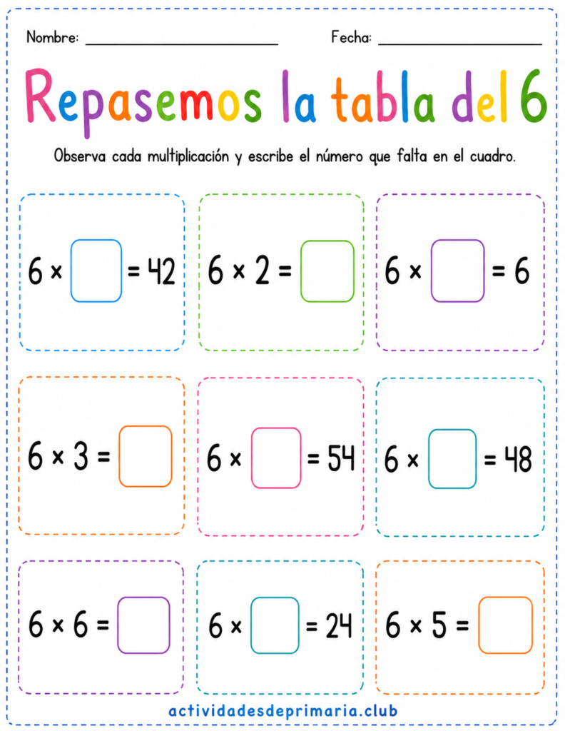Repasemos la tabla del 6. Hoja de trabajo imprimible para niños de primaria.