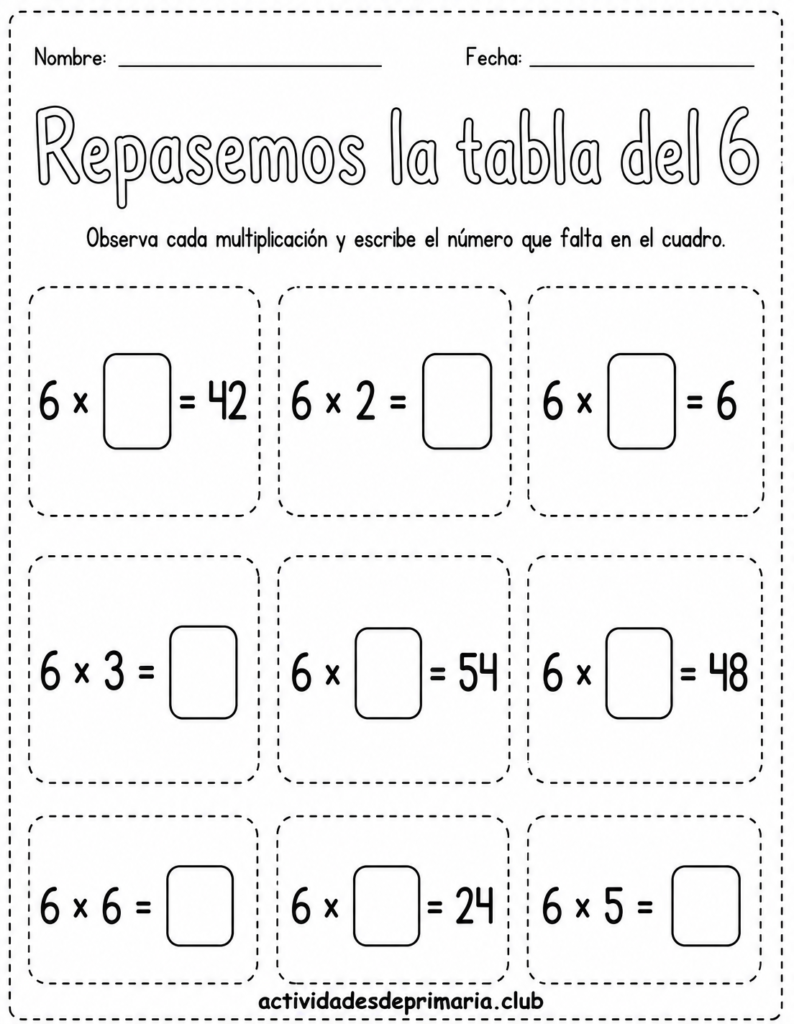 Repasemos la tabla del 6. Blanco y negro para colorear. Hoja de trabajo imprimible para niños de primaria.