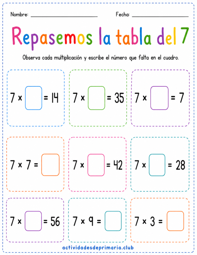 Repasemos la tabla del 7. Hoja de trabajo imprimible para niños de primaria.