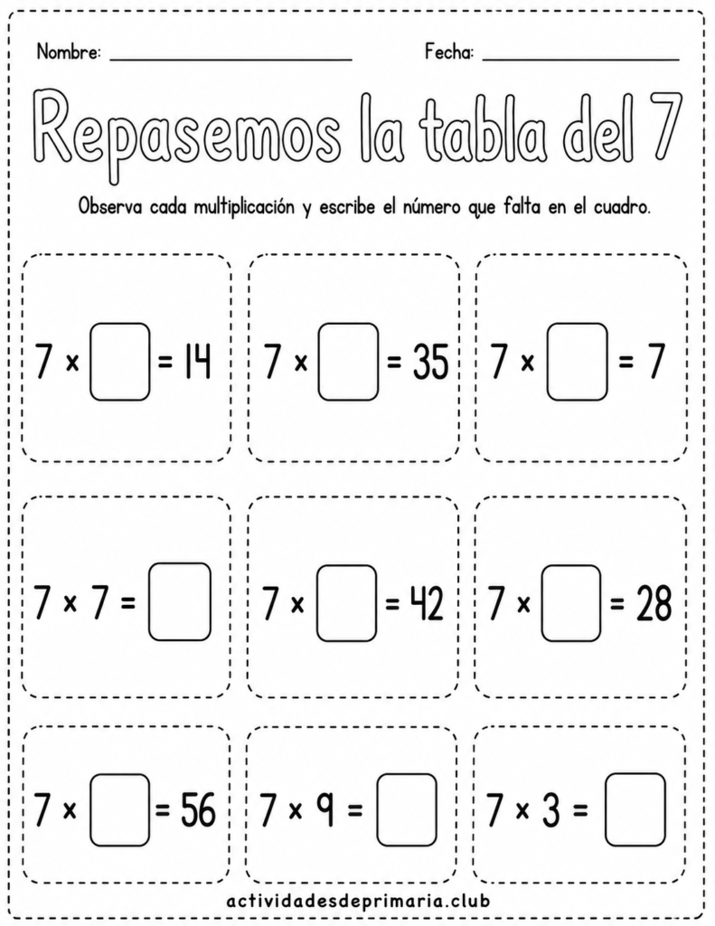 Repasemos la tabla del 7. Blanco y negro para colorear. Hoja de trabajo imprimible para niños de primaria.