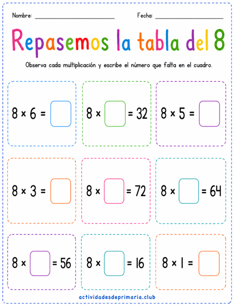 Repasemos la tabla del 8. Hoja de trabajo imprimible para niños de primaria.