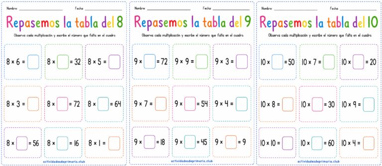 Repasemos las tablas de multiplicar. Tablas del 8-9-10. Hoja de trabajo imprimible para niños de primaria.
