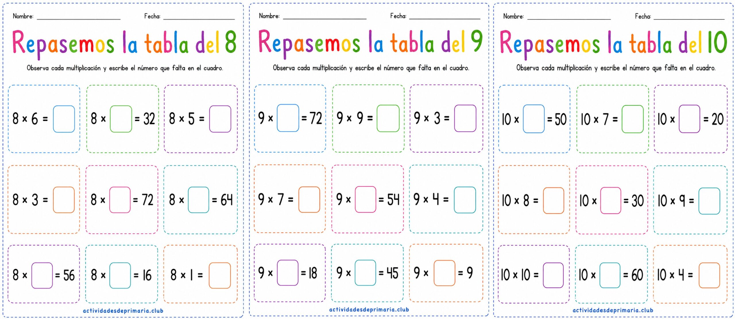 Repasemos las tablas de multiplicar. Tablas del 8-9-10. Hoja de trabajo imprimible para niños de primaria.