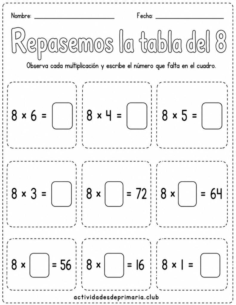 Repasemos la tabla del 8. Blanco y negro para colorear. Hoja de trabajo imprimible para niños de primaria.
