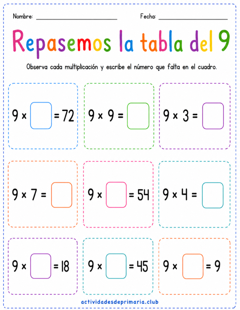 Repasemos la tabla del 9. Hoja de trabajo imprimible para niños de primaria.
