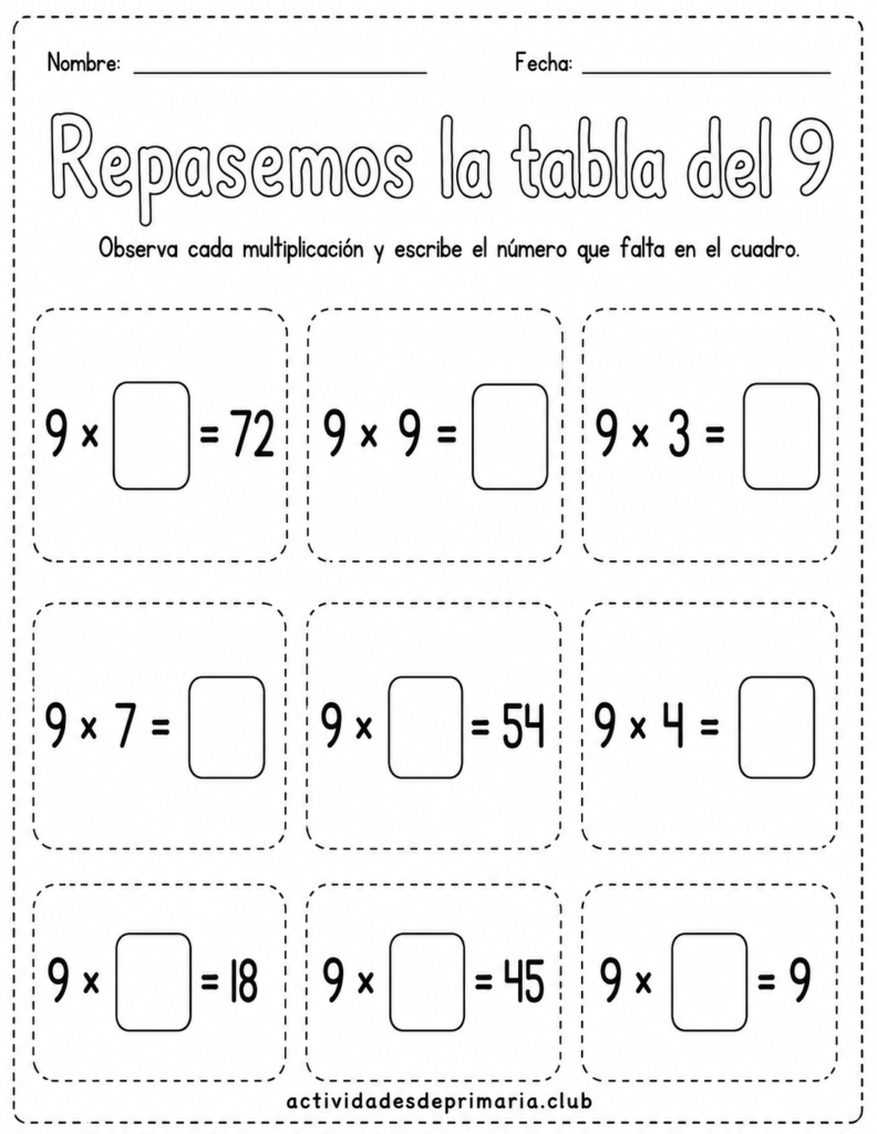 Repasemos la tabla del 9. Blanco y negro para colorear. Hoja de trabajo imprimible para niños de primaria.