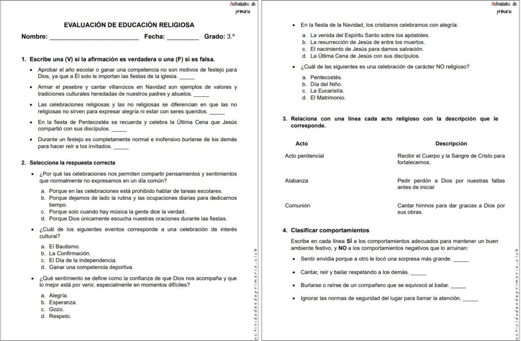 Examen de Religión para tercer grado - Unidad 1