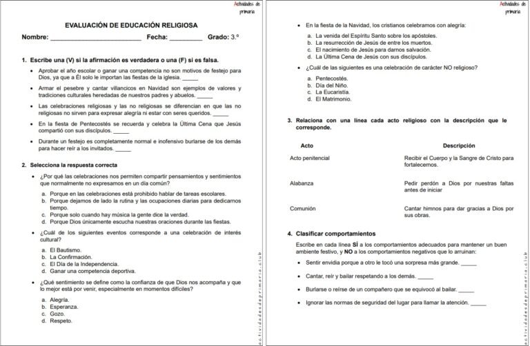 Examen de Religión para tercer grado - Unidad 1