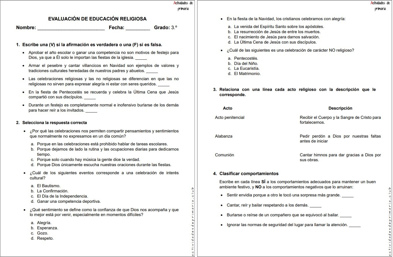 Examen de Religión para tercer grado - Unidad 1
