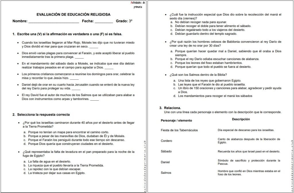 Examen de Religión para tercer grado - Unidad 2