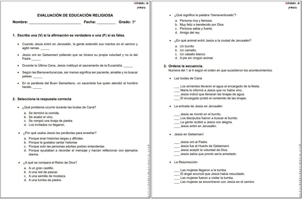 Examen de Religión para tercer grado - Unidad 3