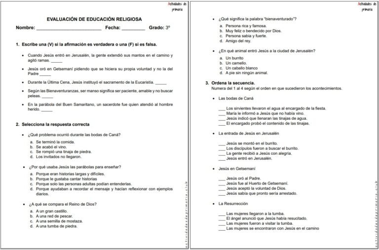 Examen de Religión para tercer grado - Unidad 3