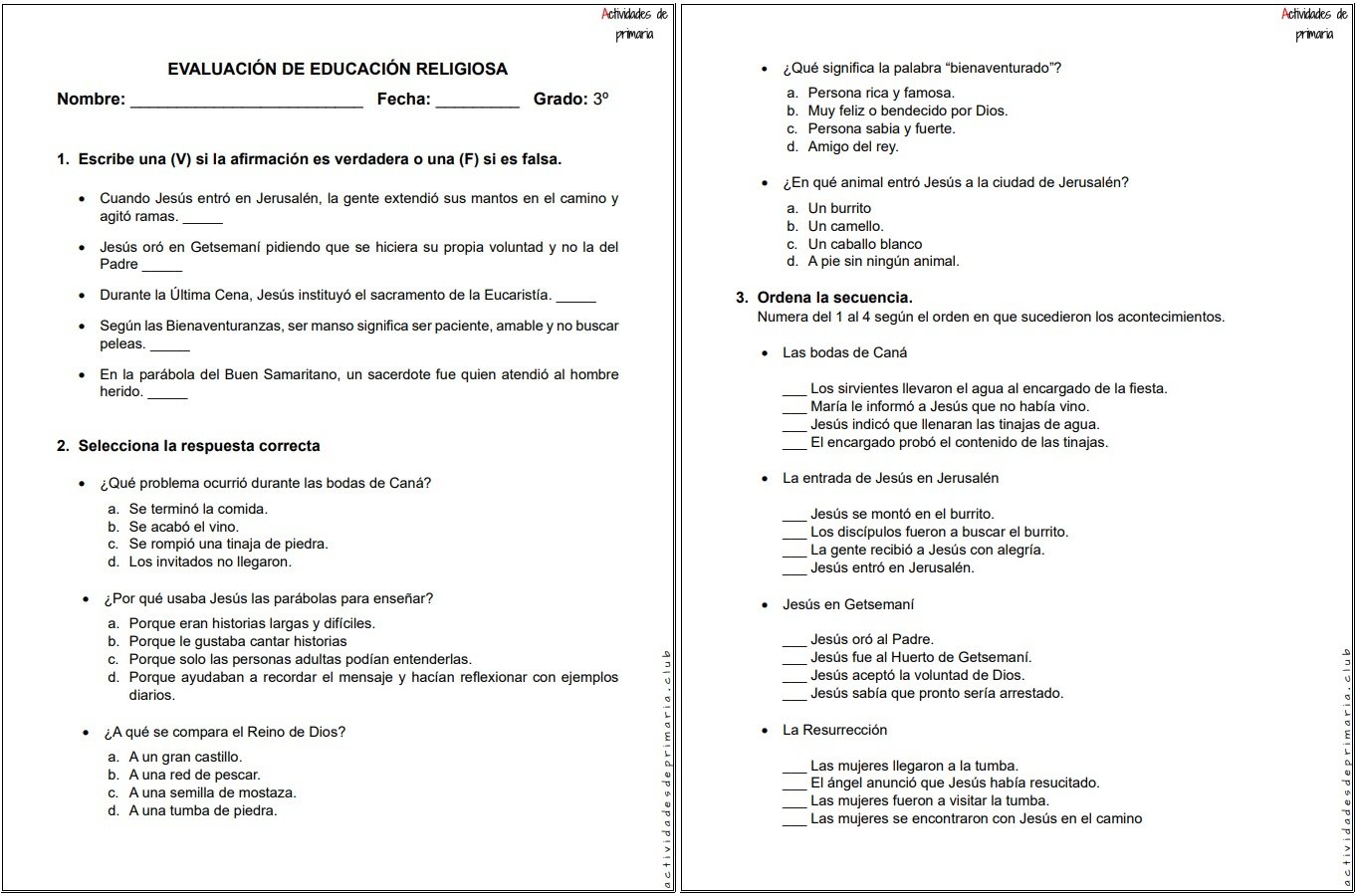 Examen de Religión para tercer grado - Unidad 3