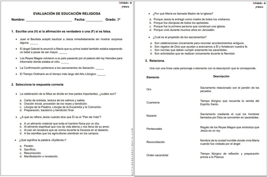Examen de Religión para tercer grado - Unidad 4