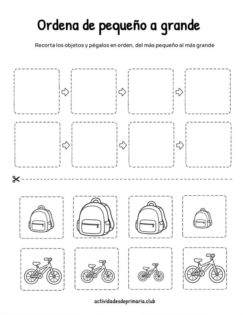 Ordena de pequeño a grande recortando y pegando imágenes, versión para colorear