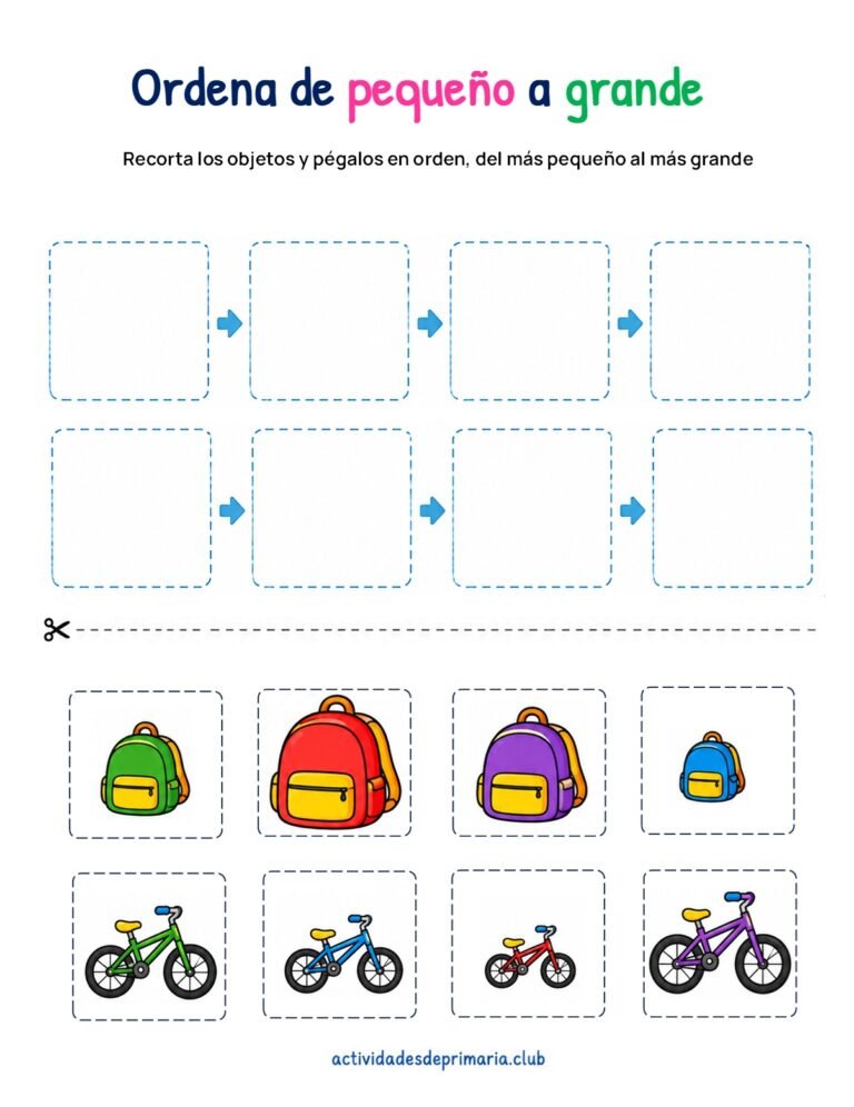 Ordena de pequeño a grande recortando y pegando imágenes