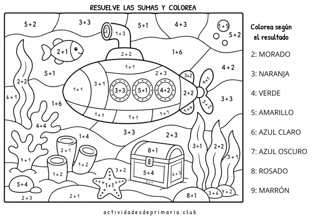 Resuelve las sumas y colorea. Actividad de matemáticas para primer grado.