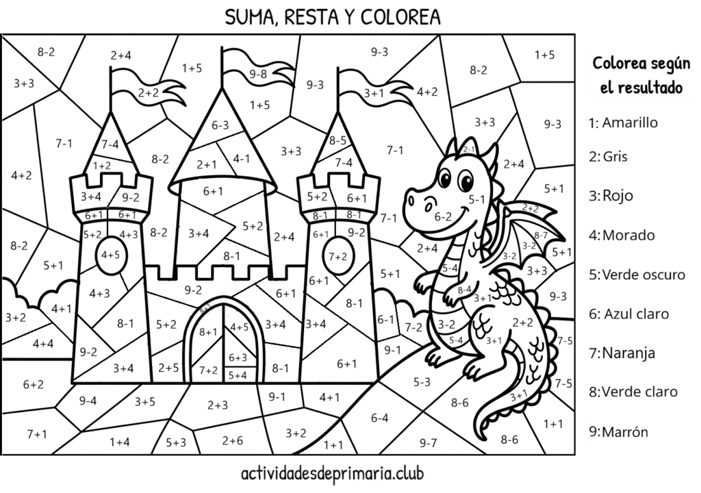 Sumar, restar y colorear. Actividad de matemáticas para primer grado.