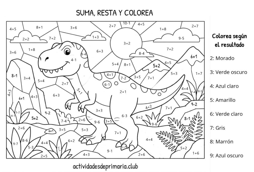 Suma, resta y colorea actividad de matemáticas para primer grado.