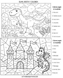 Suma, resta y colorea. Actividad de matemáticas para practicar sumas.