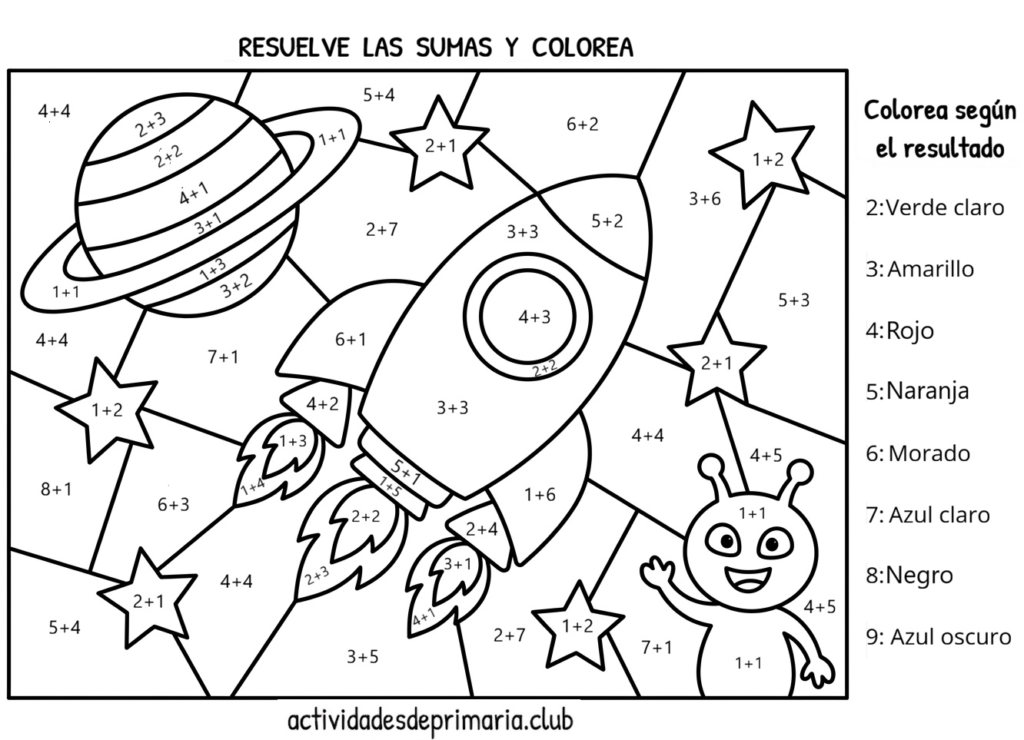 Suma y colorea. Actividad de matemáticas para primer grado.